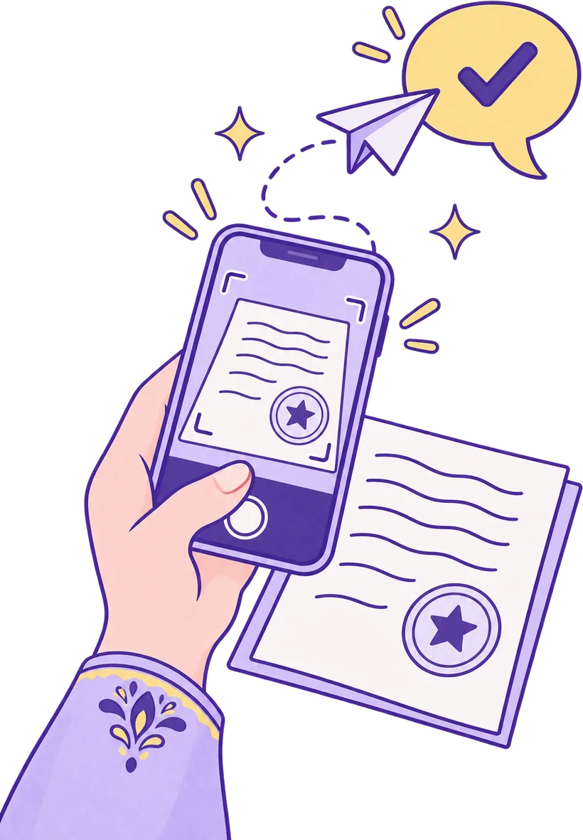 Illustration: ein Dokument mit dem Handy fotografieren und als Anfrage senden